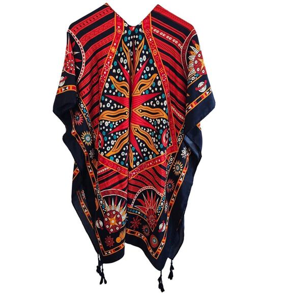 Floral Kimono Womens 2X Red Sun Moon Fringe Open Indie Relaxed Boho Festival - Picture 2 of 11